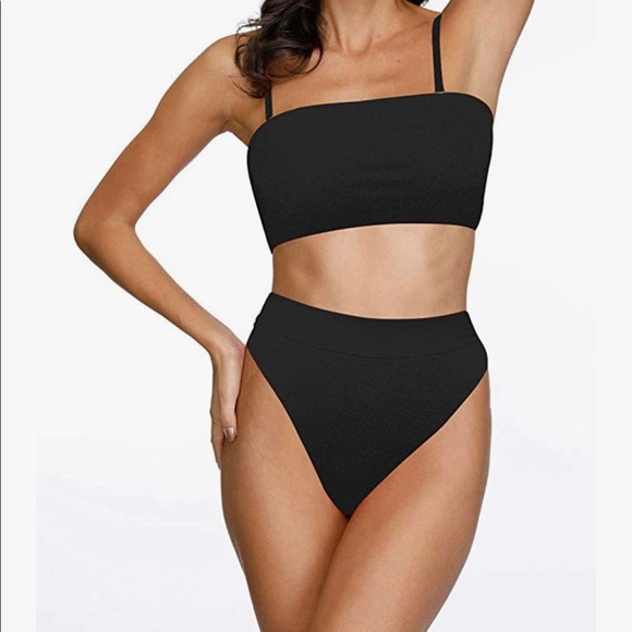 Black Ribbed High Cut Bandeau Bikini 2 pc- Small - Picture 2 of 6
